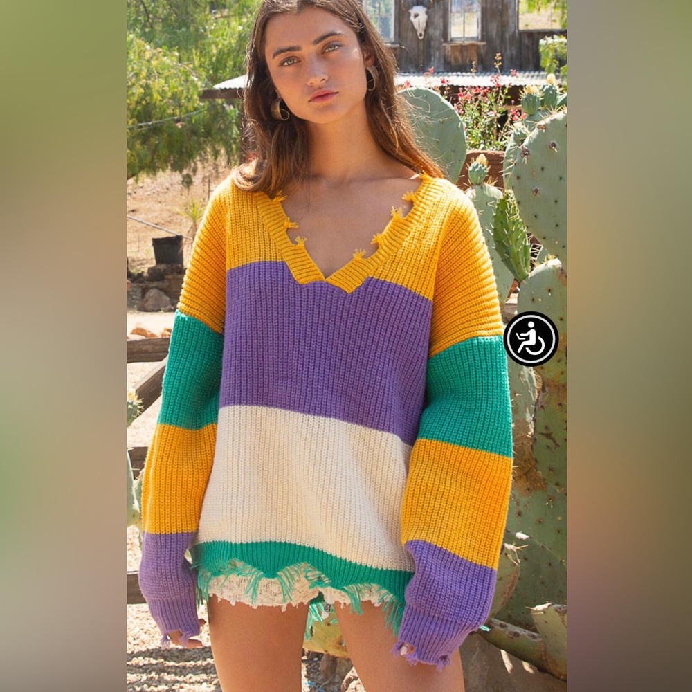 BP16💜💚POL pizzaz in a colorblock distressed edge boho sweater festival ready!